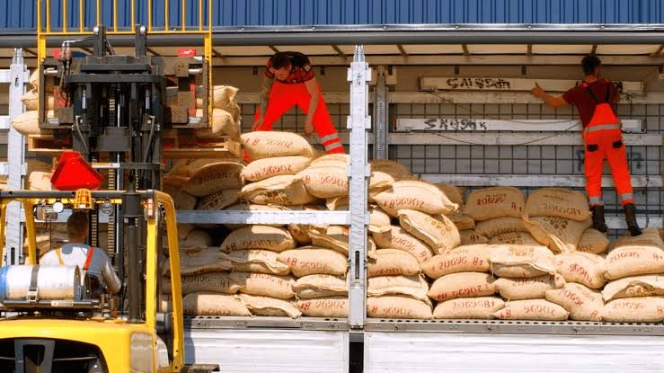 Havenwerk en stuwadoorswerk door HSU: medewerkers laden zakken in een tautliner
